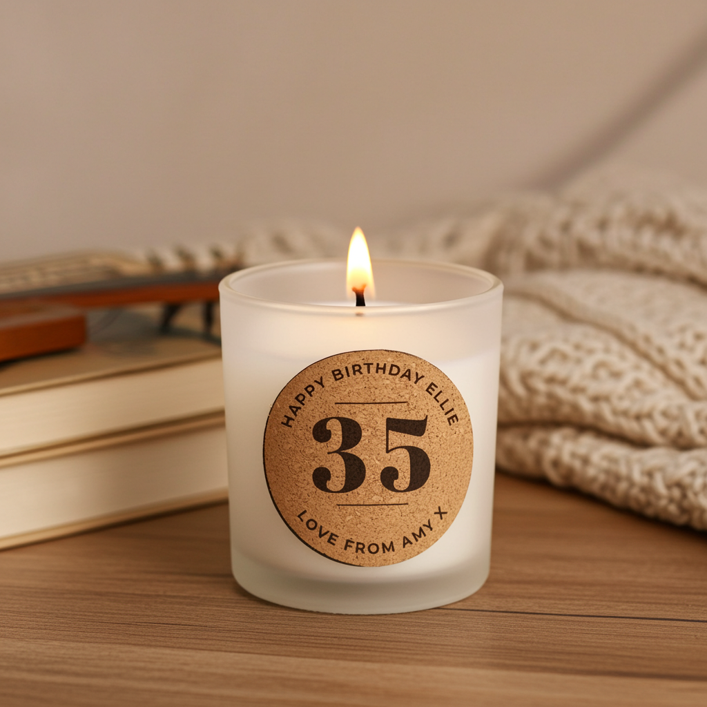 Personalised Vanilla Birthday Cork Label Candle Jar | Custom Age & Message Gift - Artfully Curated Creations and identify whats in the image