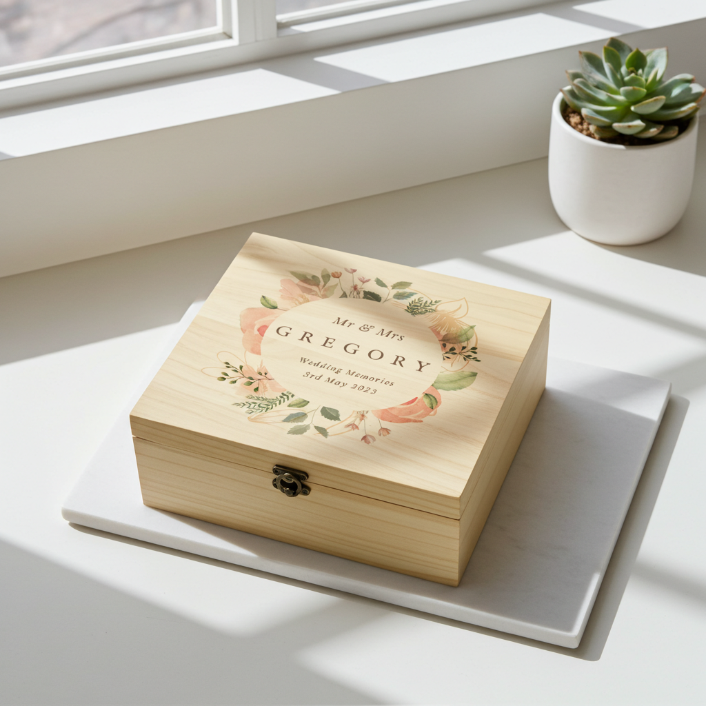 Personalised Wooden Keepsake Box | A Beautiful Place to Store Treasured Memories - Artfully Curated Creations and identify whats in the image