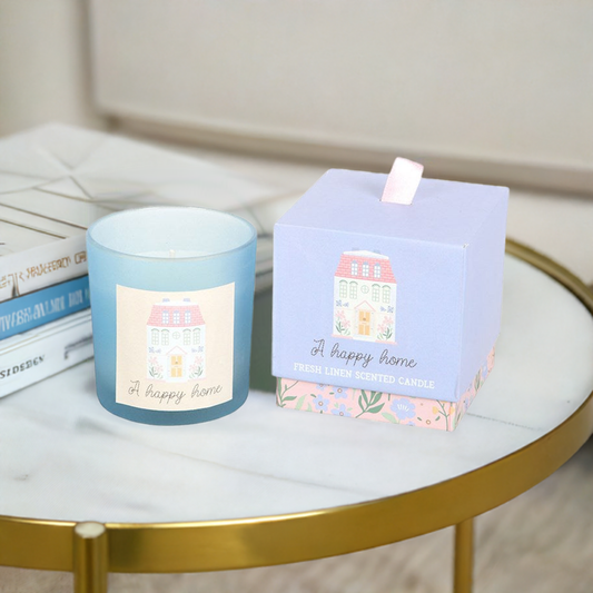 Fresh Linen Scented Candle "Happy Home" Gift Candle with House Illustration 20-Hour Burn, Glass Jar, Relaxing Clean Scent