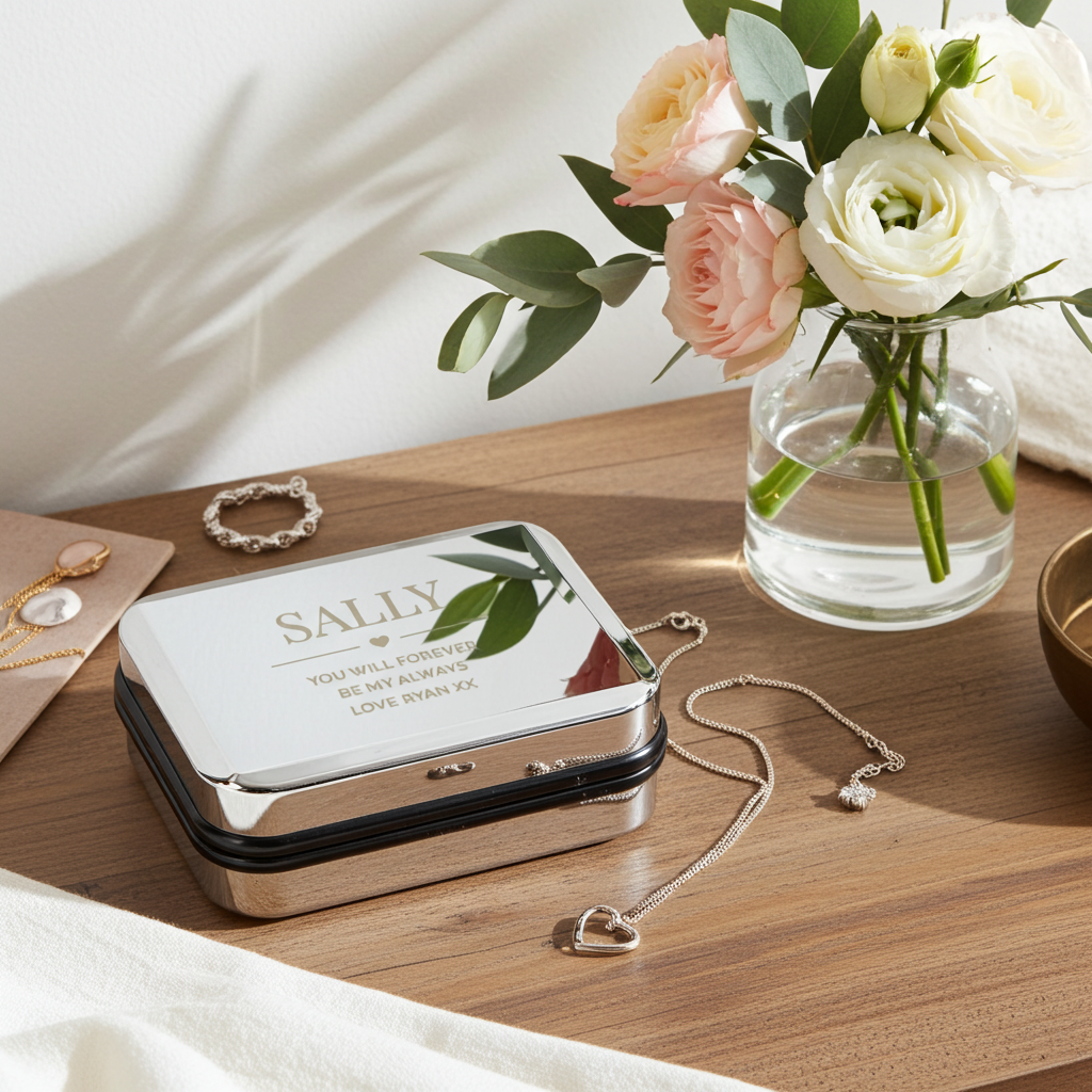Personalised Sterling Silver Heart Necklace with Name and Engraved Chrome Gift Box, a Timeless Keepsake Gift for Her