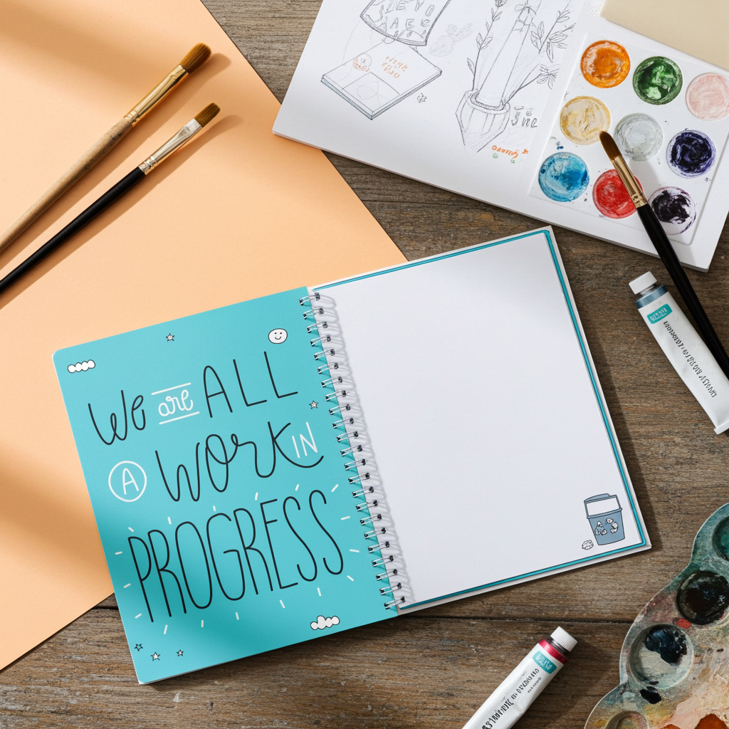 Open notebook with motivational quote on a wooden surface with art supplies