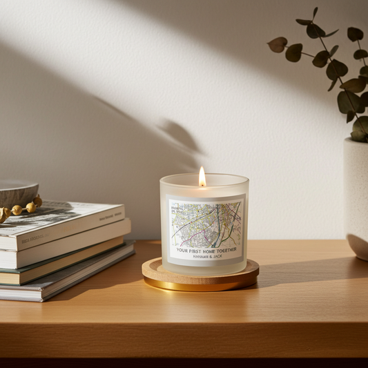 A lit scented candle in a clear glass jar sits on a round wooden coaster on a wooden table. The jar features a map-style label with the text 'YOUR FIRST HOME TOGETHER'