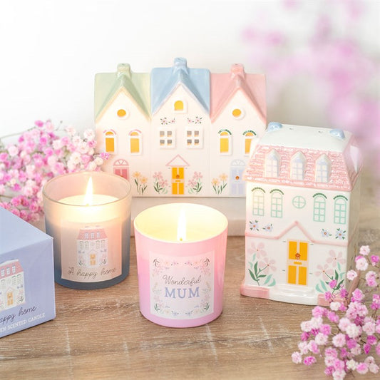 Fresh Linen Scented Candle "Happy Home" Gift Candle with House Illustration 20-Hour Burn, Glass Jar, Relaxing Clean Scent