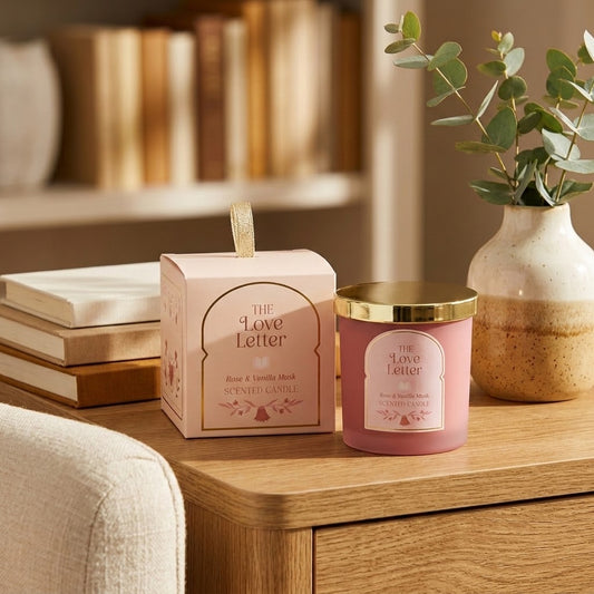 A pink scented candle in a glass jar with a gold lid sits on a wooden table beside its matching pink box. The setting includes stacked books, a vase with greenery, and a soft indoor background, making this a lifestyle product shot.