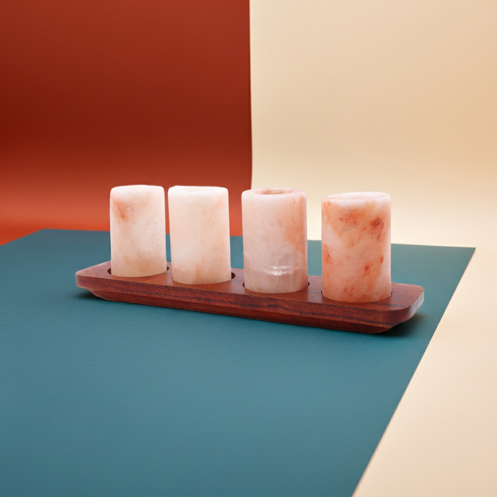 Four pink Himalayan salt lamps on a wooden tray against a colorful background