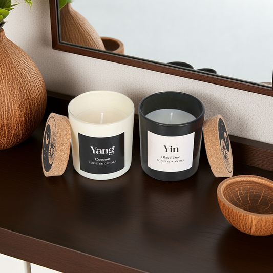 Yin Yang Candle Set Black Oud and Coconut Scents Set of 2 Complementary Candles for Balance, Relaxation & Energy