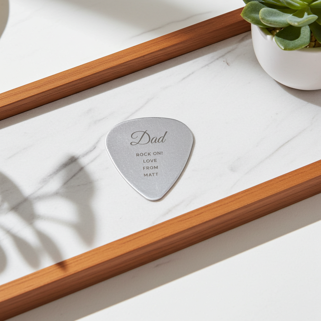 Silver guitar pick with engraved text on a white surface with wooden frame and plant
