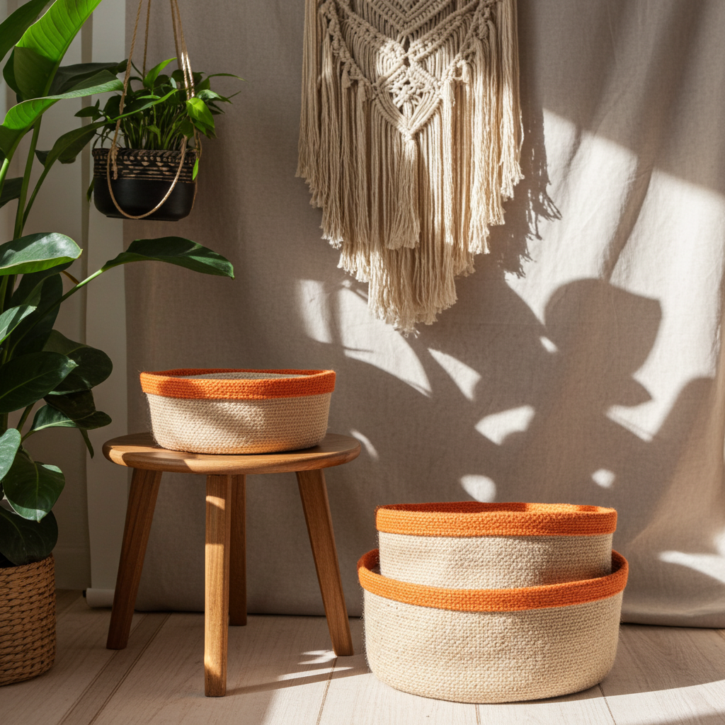 Set Of 3 Natural Jute Baskets - Artfully Curated Creations and identify whats in the image