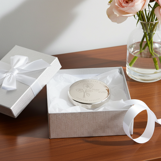 A round silver keepsake box with an engraved rose design sits inside an open textured beige gift box lined with white tissue paper. The silver lid rests beside it on a white ribbon.