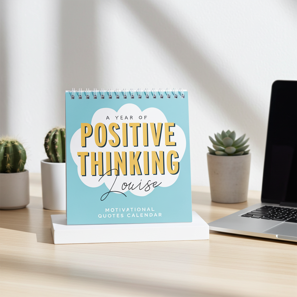 Motivational quotes calendar titled 'A Year of Positive Thinking Louise' on a stand.