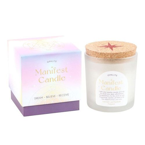 Opalite Crystal Candle – Lavender & Patchouli Scent – Manifestation Candle in Frosted Jar with Cork Lid, 25-Hour Burn Time