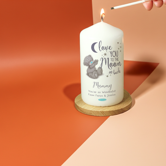 Me to You ‘Love You to the Moon and Back’ Personalised Pillar Candle - Artfully Curated Creations and identify whats in the image