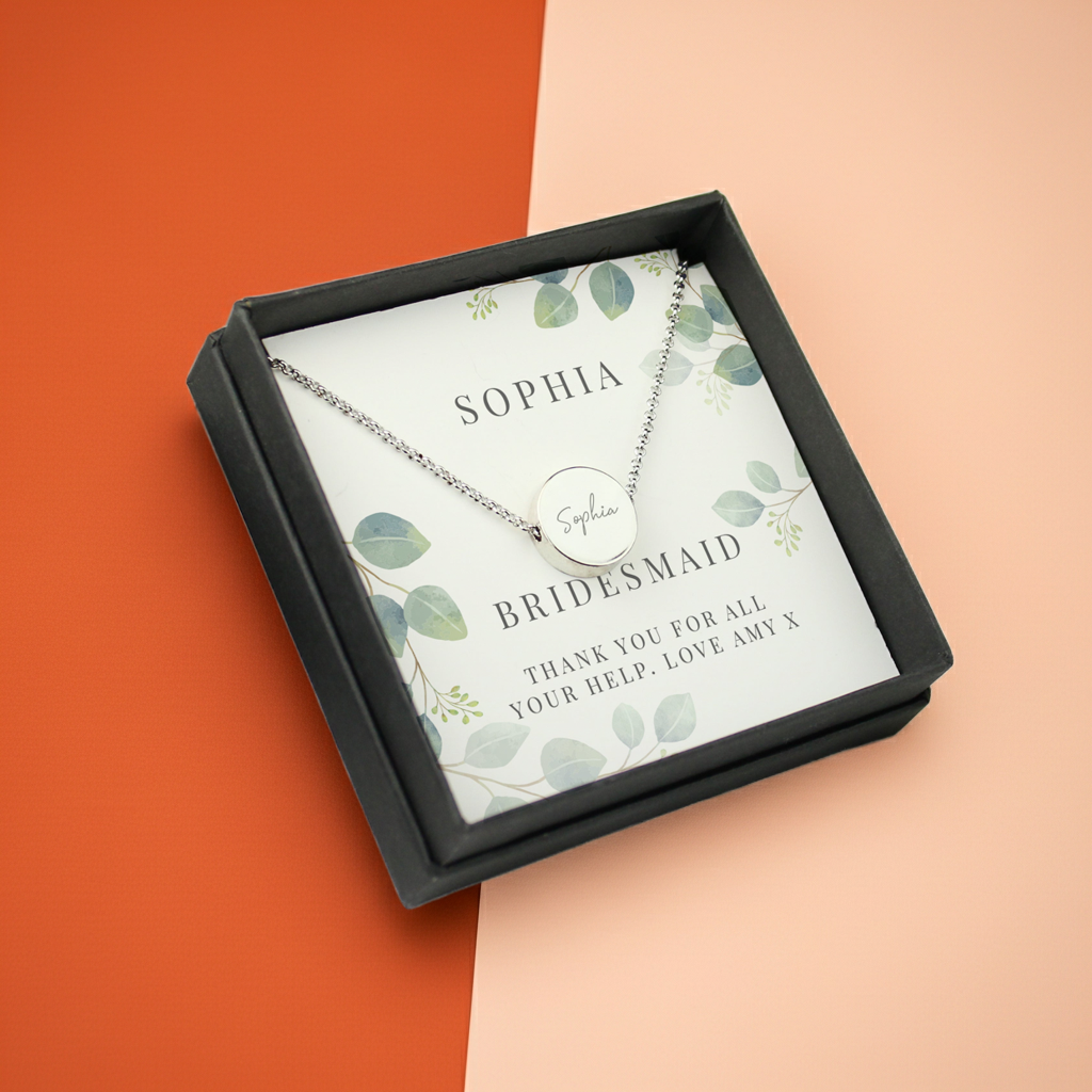 Personalised Disc Necklace|  Engraved Gift Box for Bridesmaids, Weddings & Special Occasions - Artfully Curated Creations and identify whats in the image