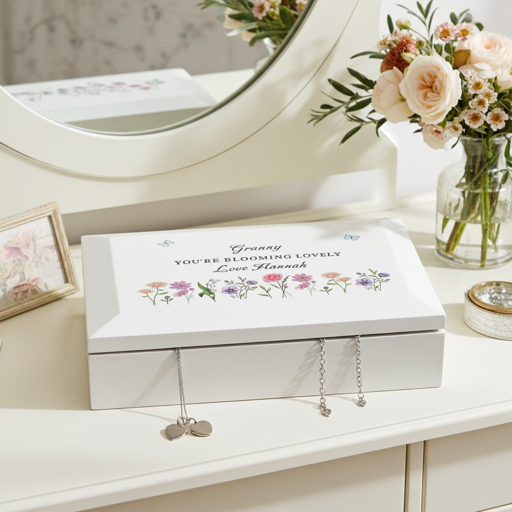 Personalised Wildflower White Wooden Jewellery Box | A Beautiful Keepsake for Cherished Treasures - Artfully Curated Creations and identify whats in the image