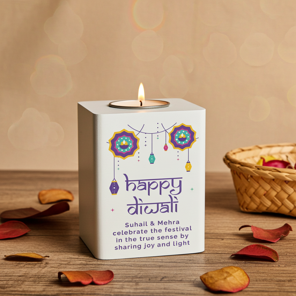 Personalised Wooden Tealight Holder | Diwali ‘Festival of Lights’ Gift - Artfully Curated Creations and identify whats in the image