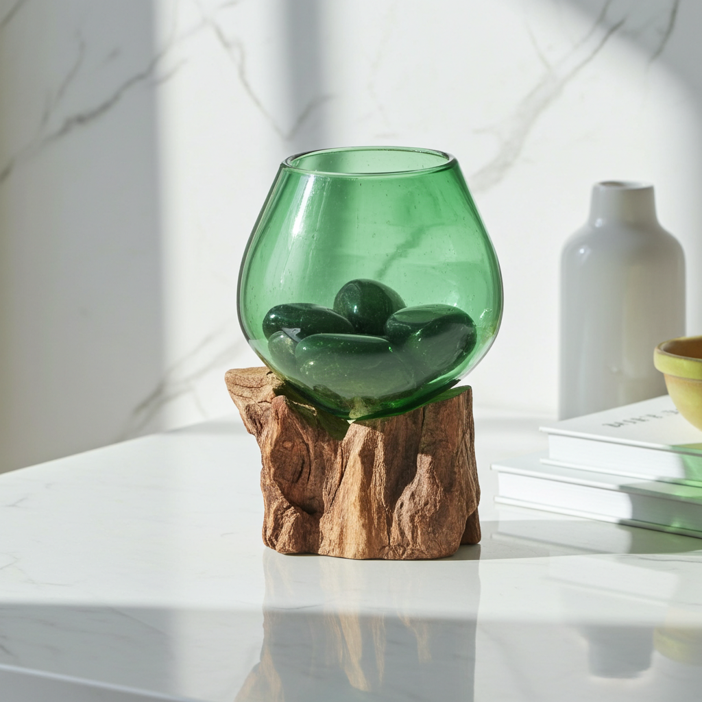 Molton Recycled Beer Bottle Glass Small Bowl On Wooden Stand