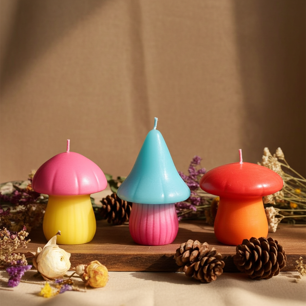 Set of 3 Mushroom Shaped Candles Colourful Unscented Decor Candles Cottagecore, Fairycore, Whimsical Home Styling