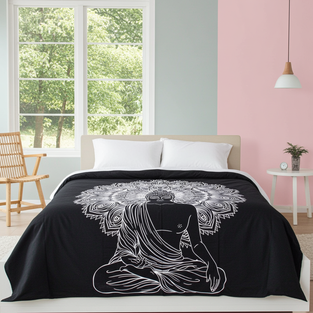 Black & White Double Bed Spread / Wall Art - Buddha