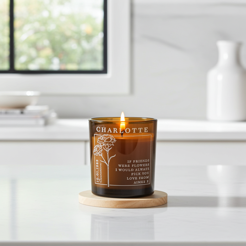 Personalised Birth Flower Candle in Amber Glass Jar | Handmade | A personal gift