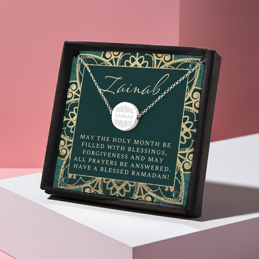 Personalised Eid Silver Disc Necklace | Engraved Pendant & Sentiment Card Gift Box - Artfully Curated Creations and identify whats in the image