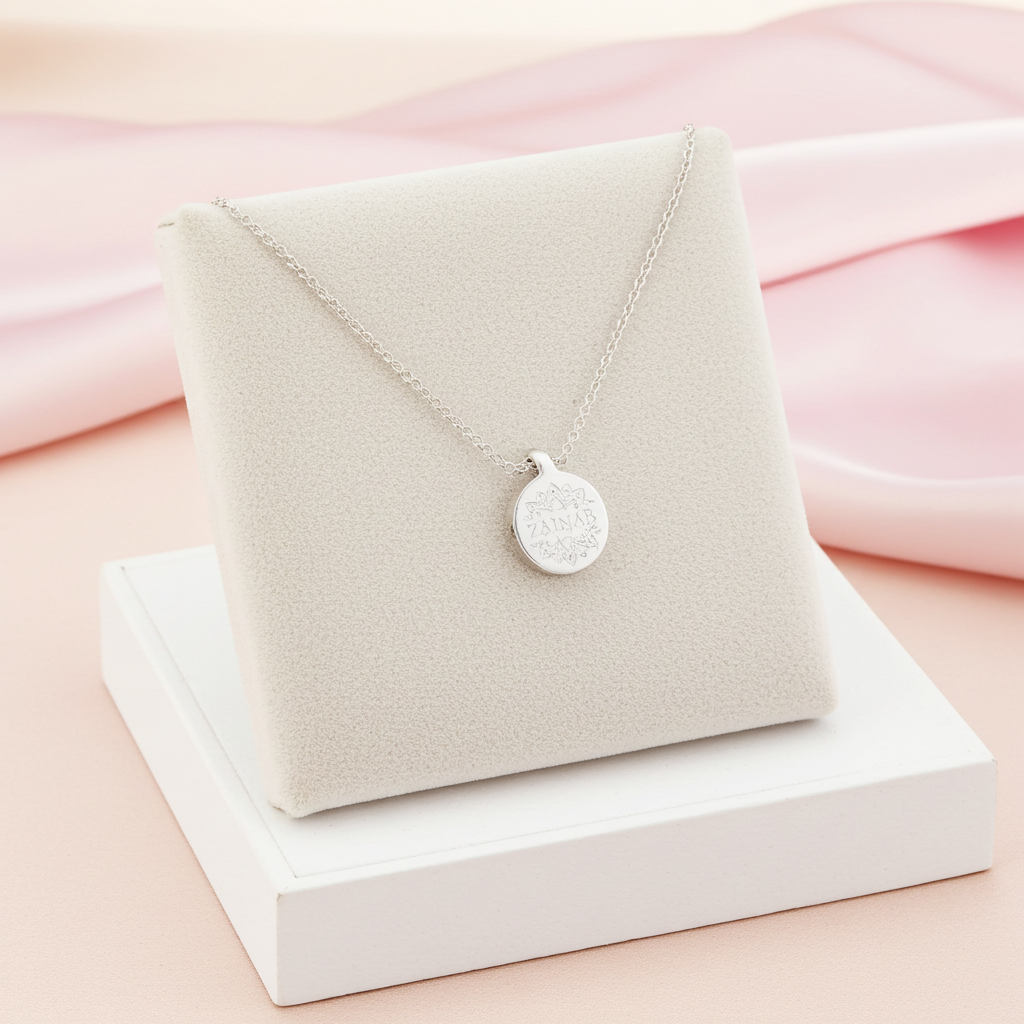 Personalised Eid Silver Disc Necklace | Engraved Pendant & Sentiment Card Gift Box - Artfully Curated Creations and identify whats in the image