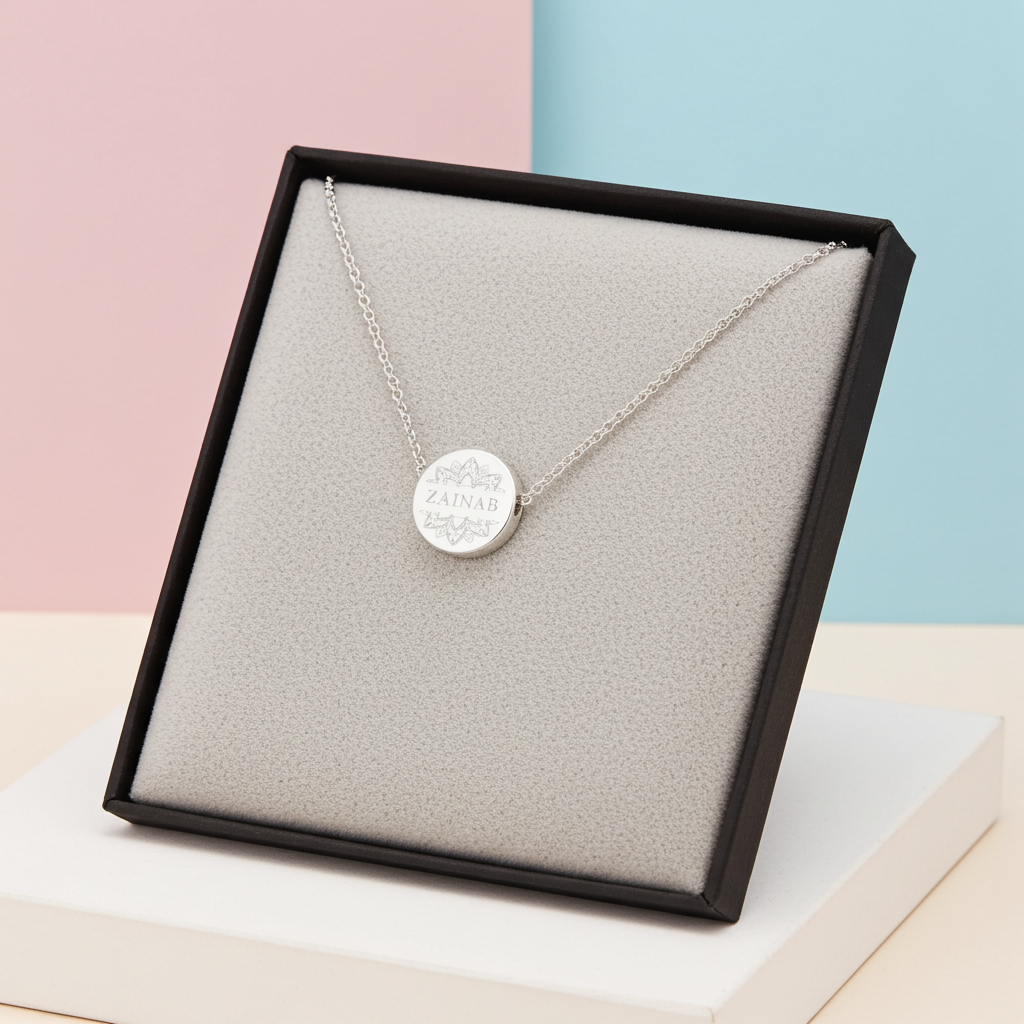 Personalised Eid Silver Disc Necklace | Engraved Pendant & Sentiment Card Gift Box - Artfully Curated Creations and identify whats in the image