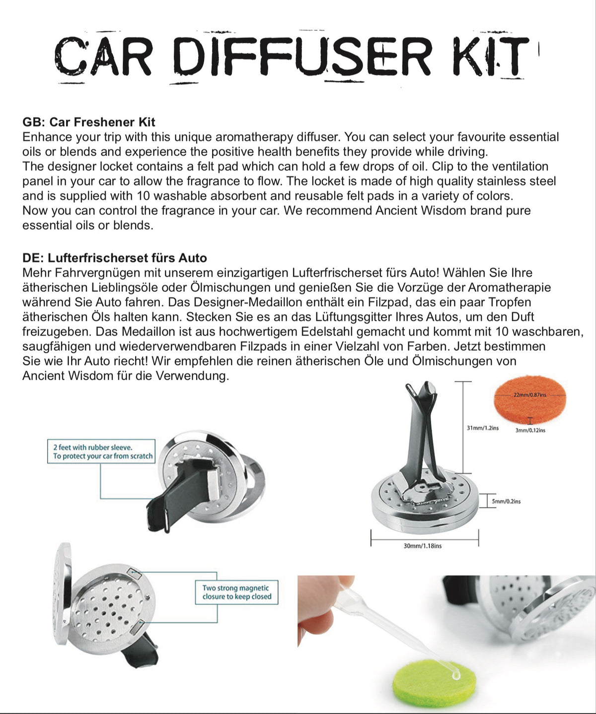 Aromatherapy Car Diffuser - 30mm - Artfully Curated Creations and identify whats in the image