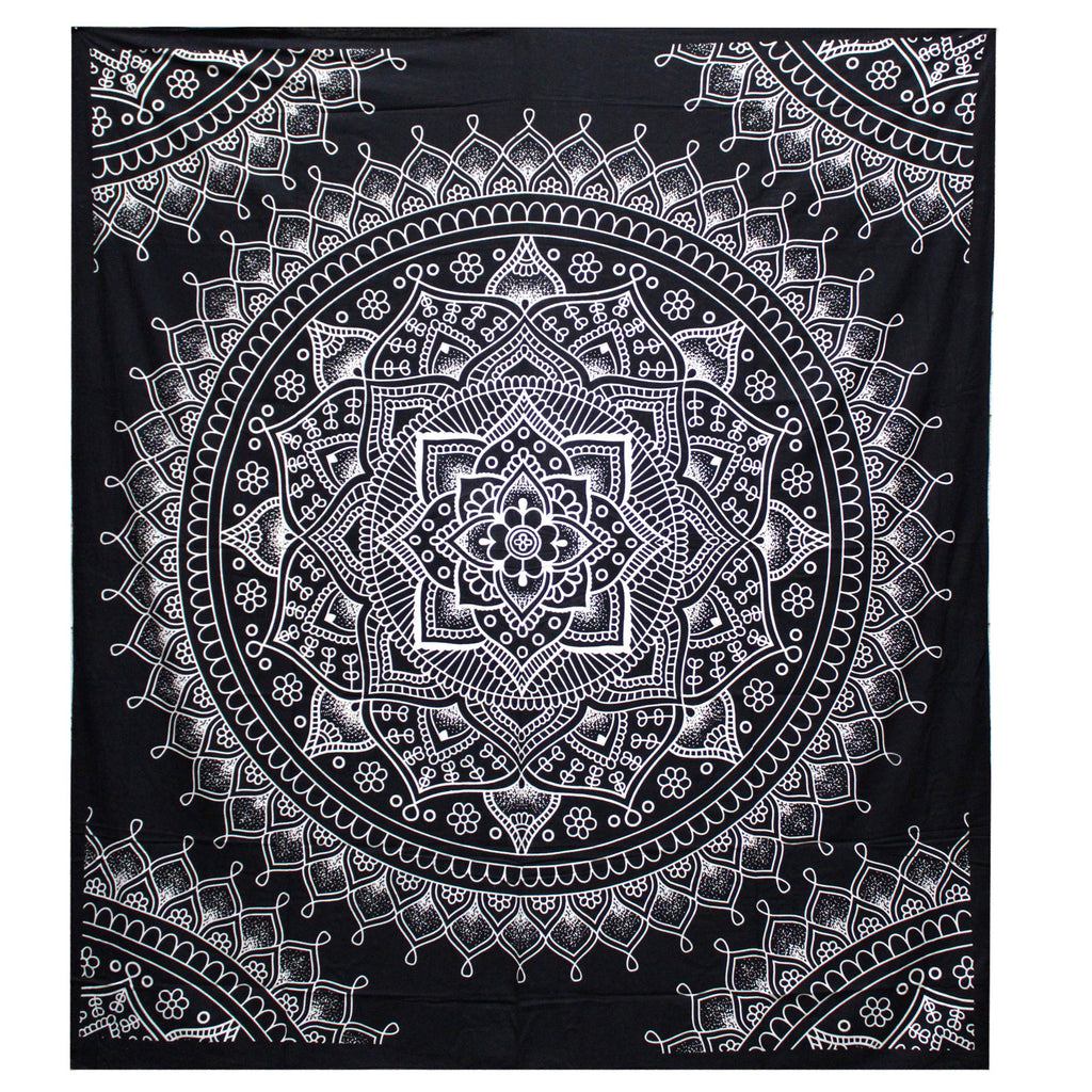 Black & White Double Bed Spread / Wall Art - Lotus Flower
