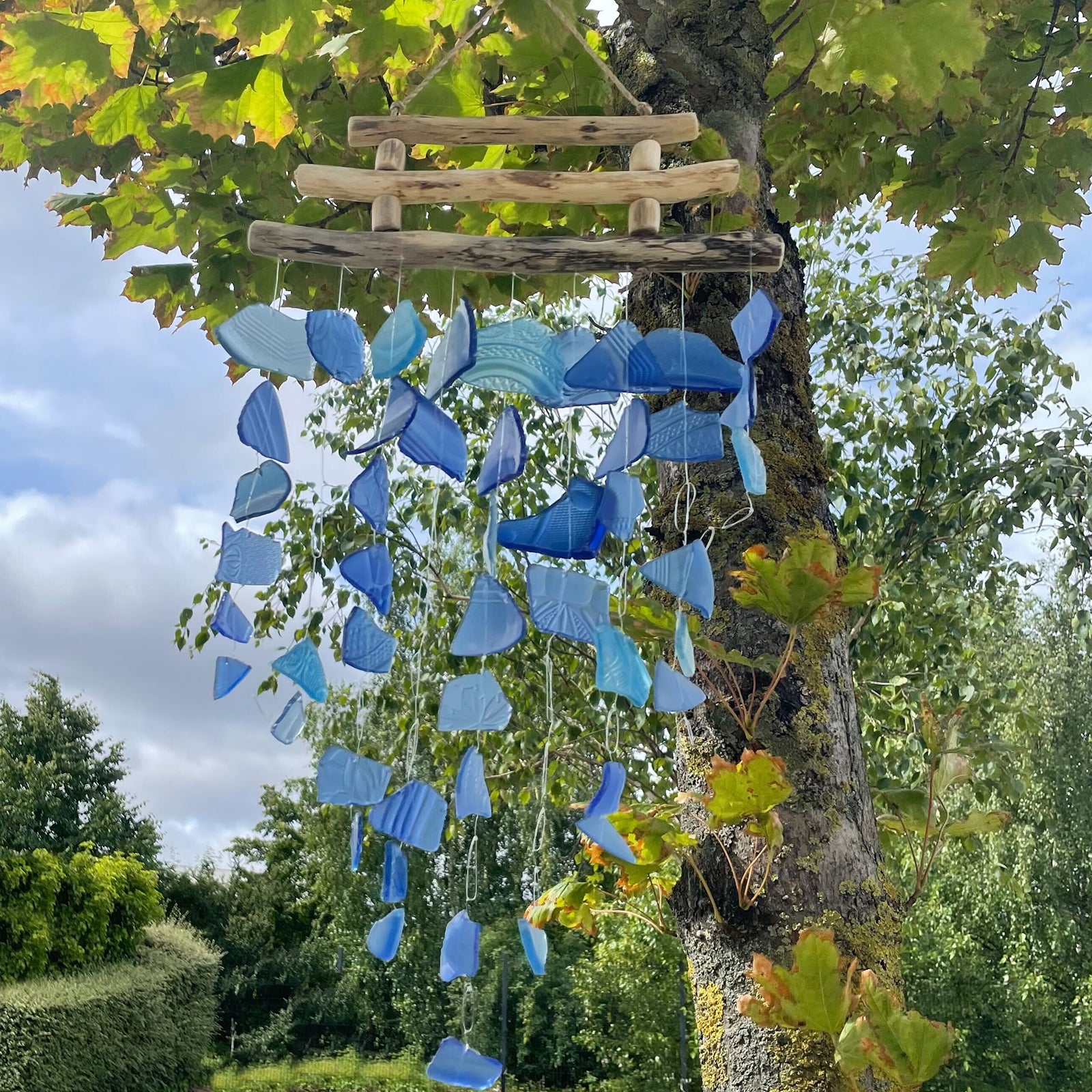 Recycled Glass Three Stick Wind Chimes - Blue