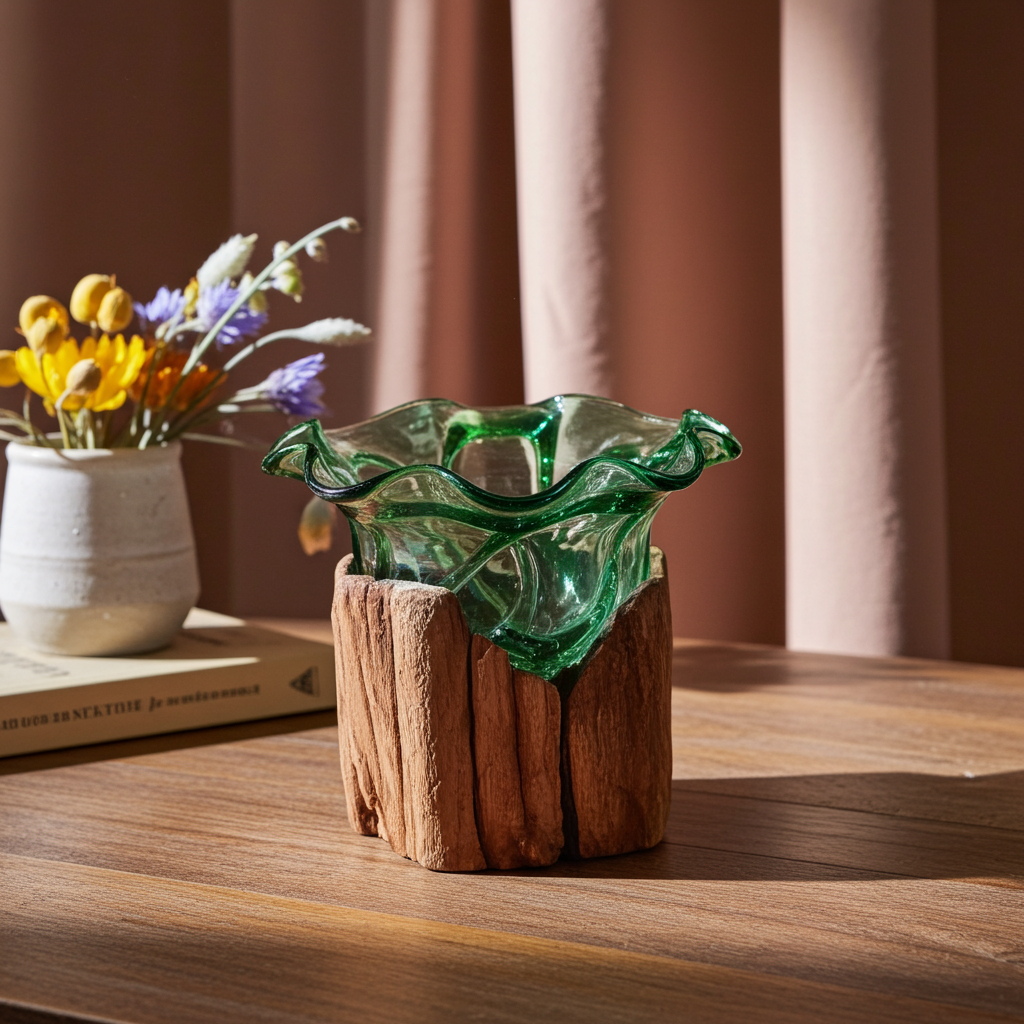 Molton Recycled Beer Bottle Glass Sweet Bowl On Wooden Stand