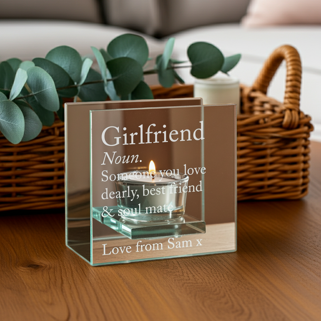Personalised Mirrored Glass Tea Light Holder with Name and Message, a Beautiful Birthday and Wedding Gift