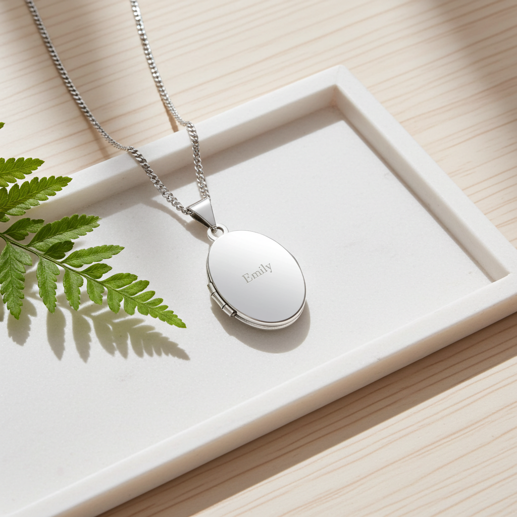 Personalised Sterling Silver Oval Locket | Engraved Name & Photo Keepsake Gift Box - Artfully Curated Creations and identify whats in the image
