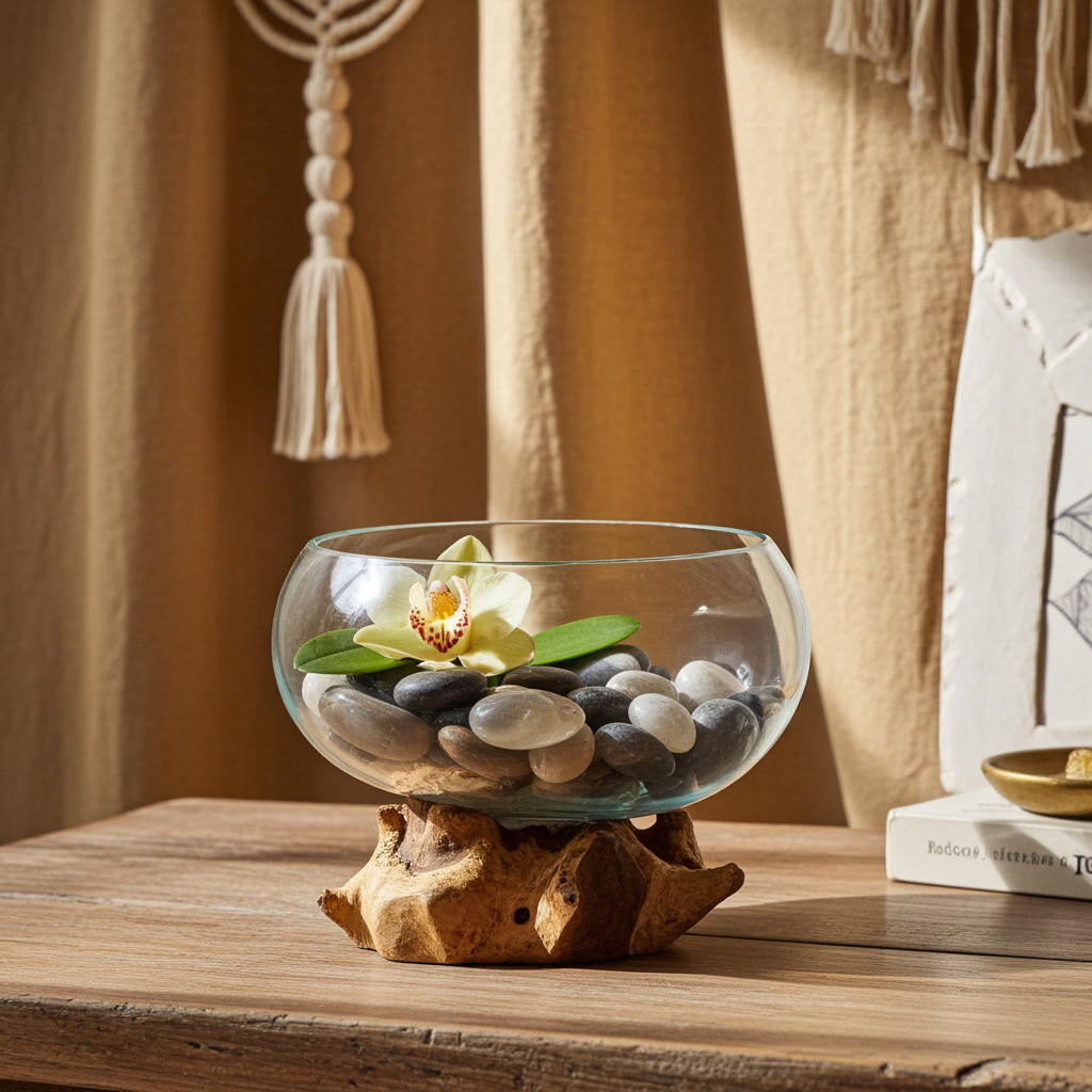 Molton Glass Open Top Large Bowl On Wooden Stand