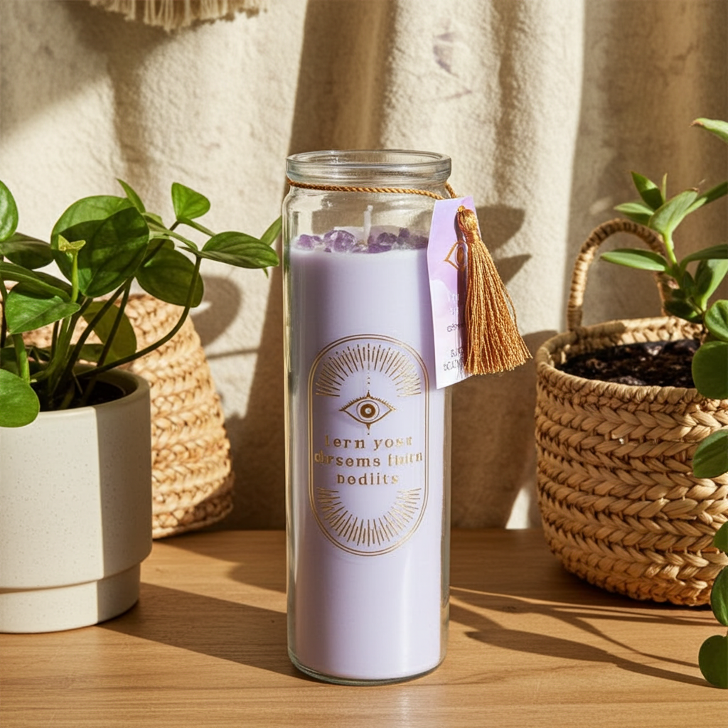 Blackberry Amethyst Crystal Candle Gift Housewarming Gift 50-Hour Scented Tube Candle for Manifestation & Meditation Self Care with Crystals