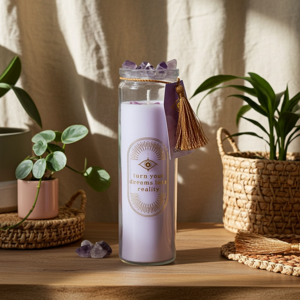 Blackberry Amethyst Crystal Candle Gift Housewarming Gift 50-Hour Scented Tube Candle for Manifestation & Meditation Self Care with Crystals