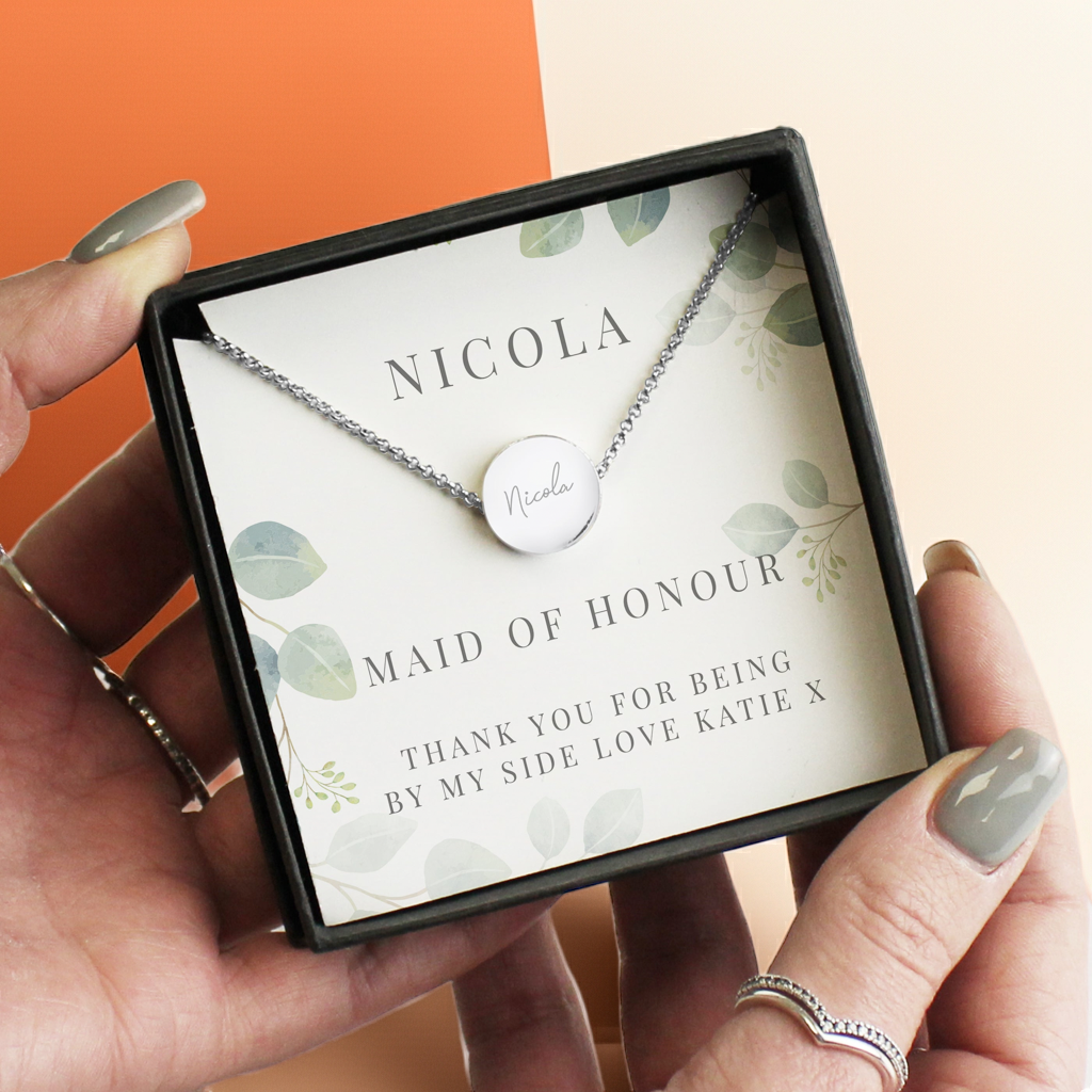 Personalised Disc Necklace|  Engraved Gift Box for Bridesmaids, Weddings & Special Occasions - Artfully Curated Creations and identify whats in the image