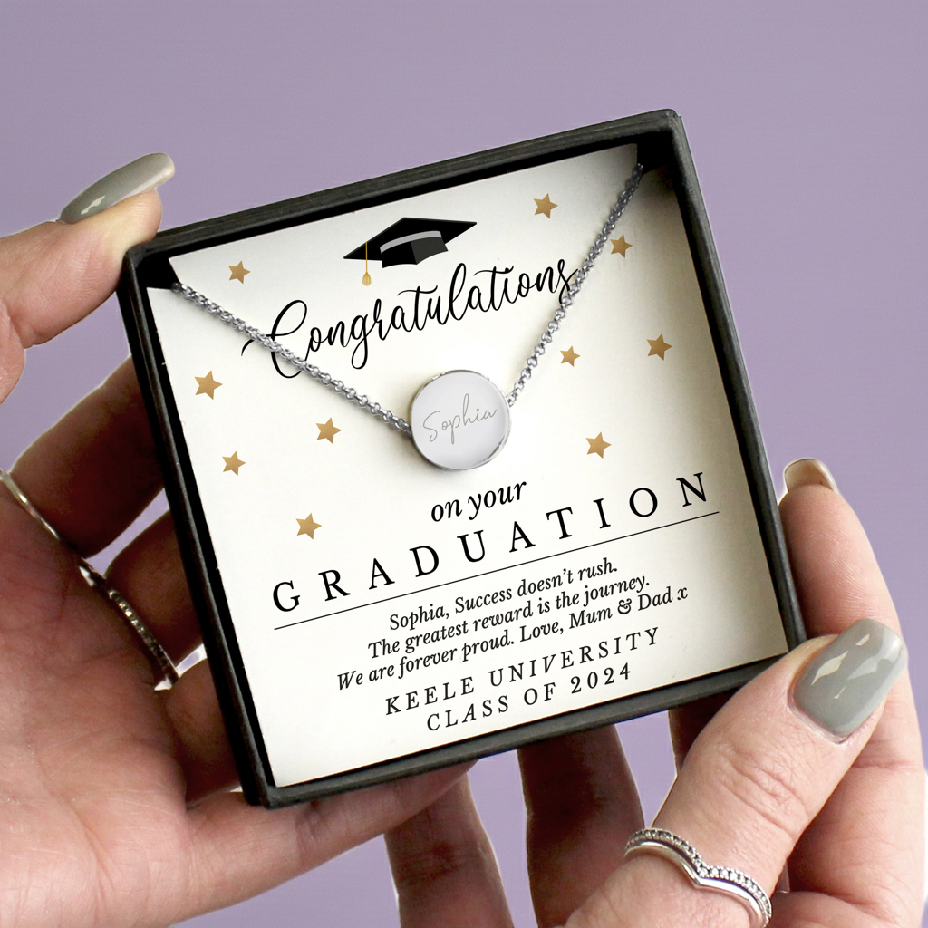 Personalised Graduation Necklace | Engraved Sentiment Card & Gift Box Keepsake - Artfully Curated Creations and identify whats in the image