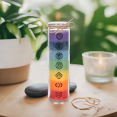 Tall 7 Chakra Candle Layered Rainbow Coloured Wax in Glass Jar Reiki Healing, Yoga Meditation Gift, Energy Balancing Decor