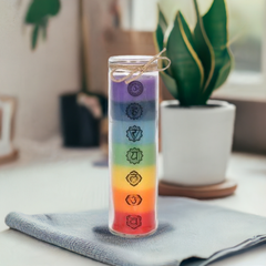 Tall 7 Chakra Candle Layered Rainbow Coloured Wax in Glass Jar Reiki Healing, Yoga Meditation Gift, Energy Balancing Decor