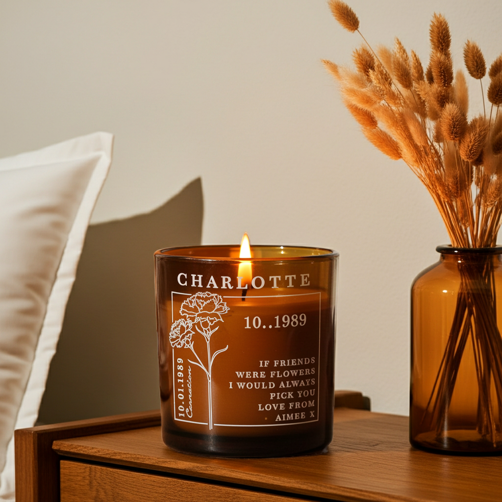 Personalised Birth Flower Candle in Amber Glass Jar | Handmade | A personal gift