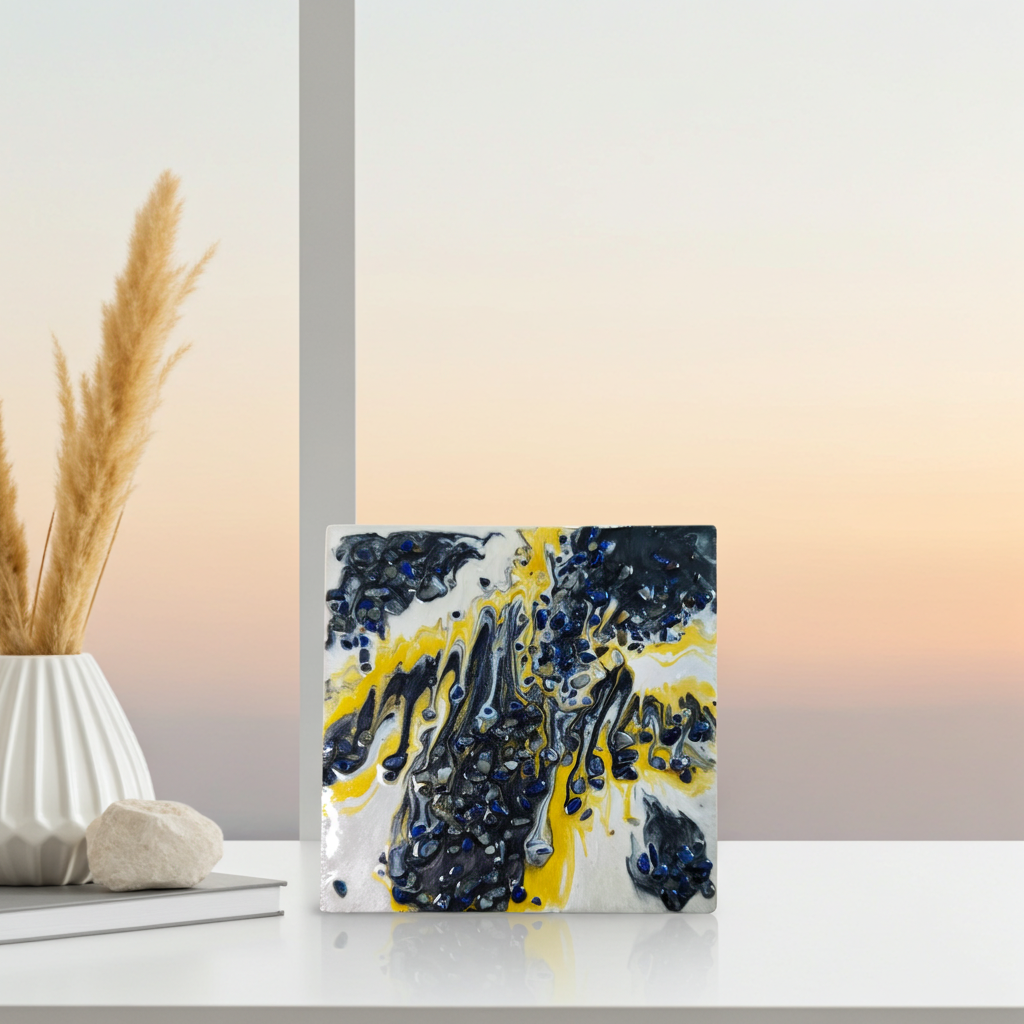 “Midnight Bloom” | Black, Gold & Pearl Resin Art with Lapis Lazuli Gemstones | Imperfectly Perfect Handmade Wooden Canvas - Artfully Curated Creations and identify whats in the image