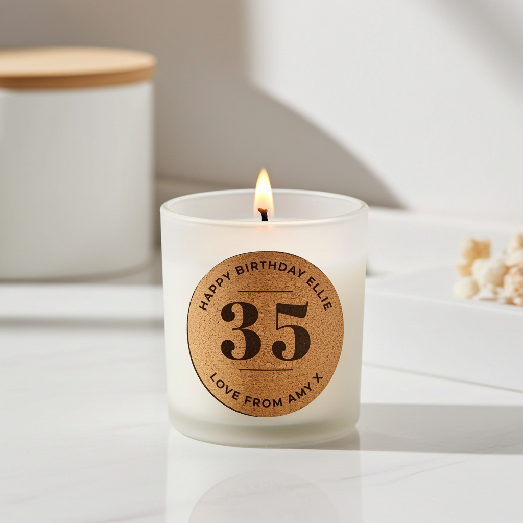 Personalised Vanilla Birthday Cork Label Candle Jar | Custom Age & Message Gift - Artfully Curated Creations and identify whats in the image