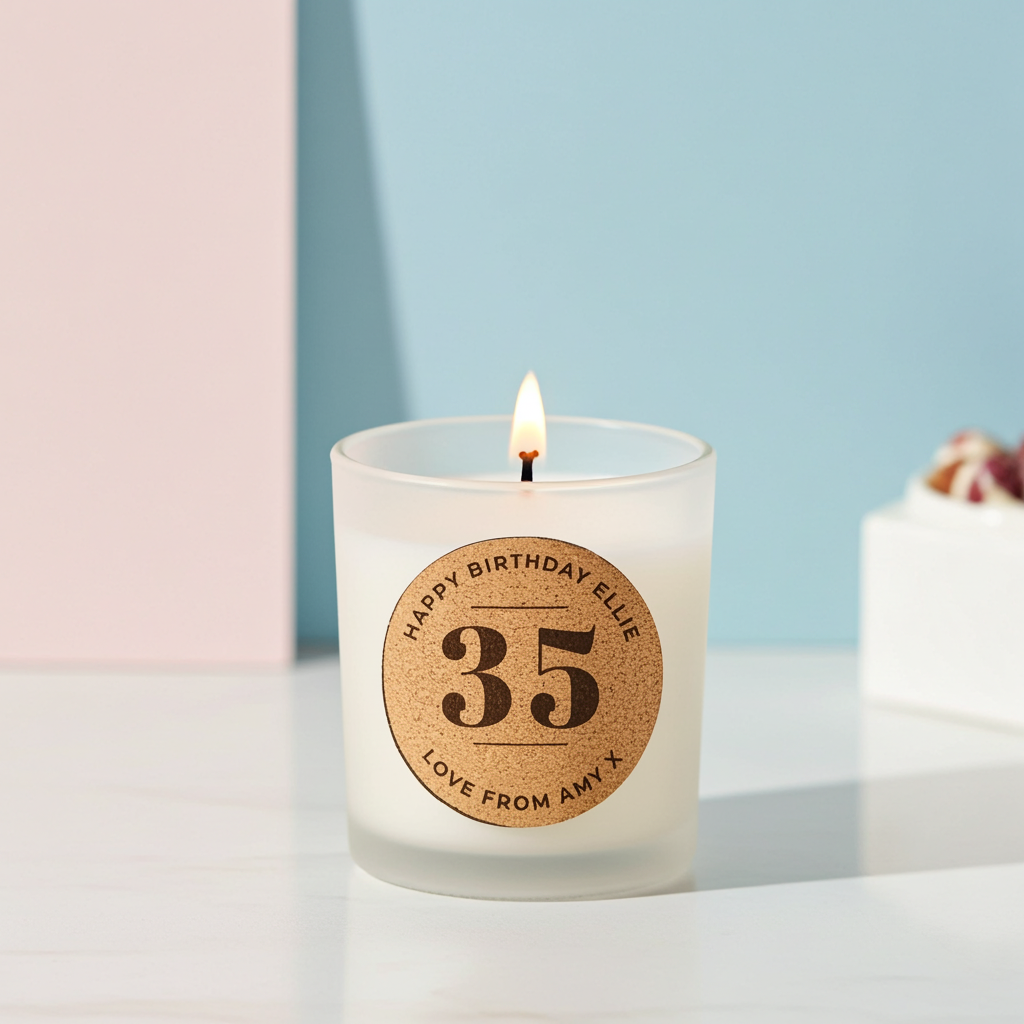 Personalised Vanilla Birthday Cork Label Candle Jar | Custom Age & Message Gift - Artfully Curated Creations and identify whats in the image