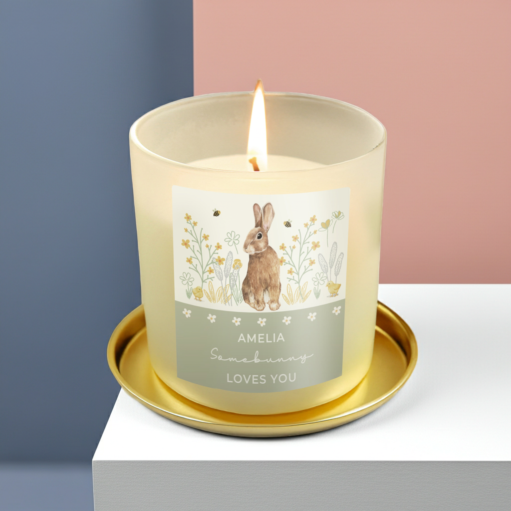 Personalised Spring Bunny Vanilla Candle Jar | Custom Seasonal Gift - Artfully Curated Creations and identify whats in the image