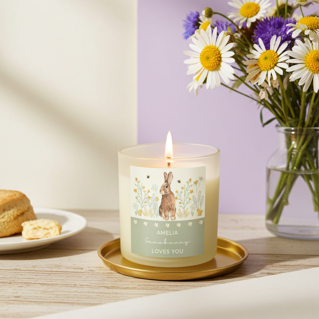 Personalised Spring Bunny Vanilla Candle Jar | Custom Seasonal Gift - Artfully Curated Creations and identify whats in the image