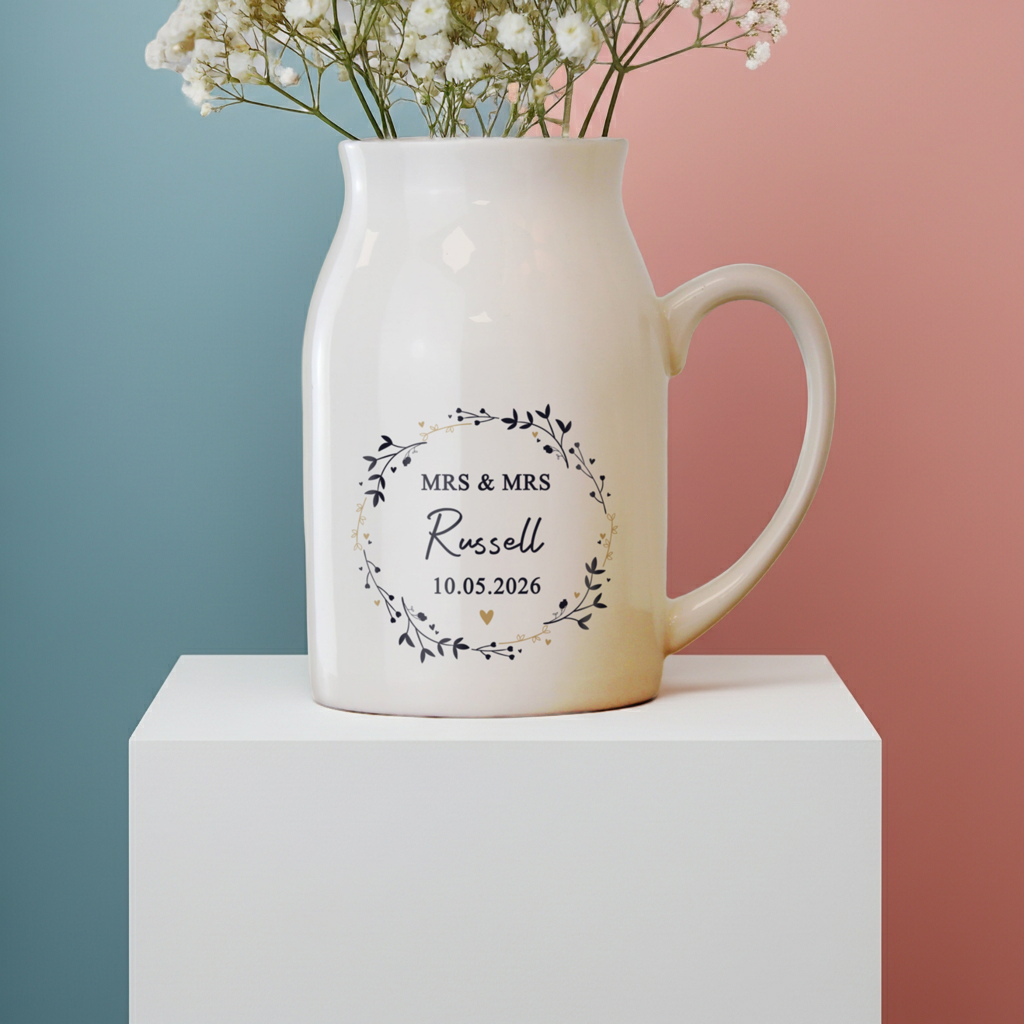 Personalised Floral Wreath Jug Vase | A Stylish Decorative Keepsake for Any Home - Artfully Curated Creations and identify whats in the image