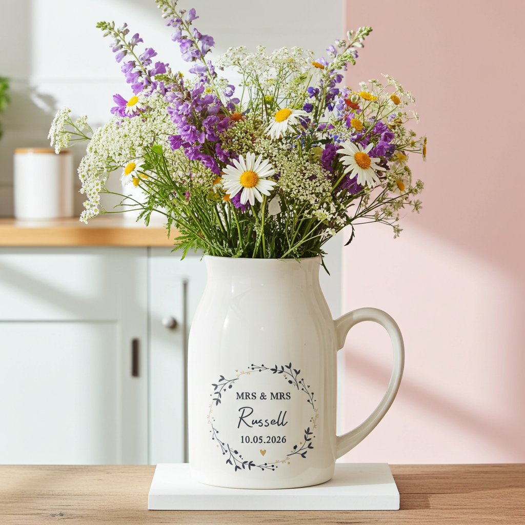 Personalised Floral Wreath Jug Vase | A Stylish Decorative Keepsake for Any Home - Artfully Curated Creations and identify whats in the image