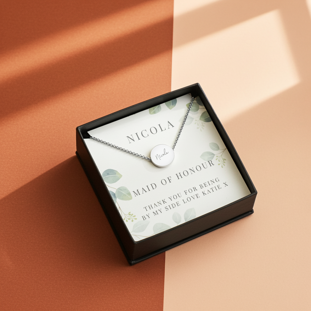 Personalised Disc Necklace|  Engraved Gift Box for Bridesmaids, Weddings & Special Occasions - Artfully Curated Creations and identify whats in the image
