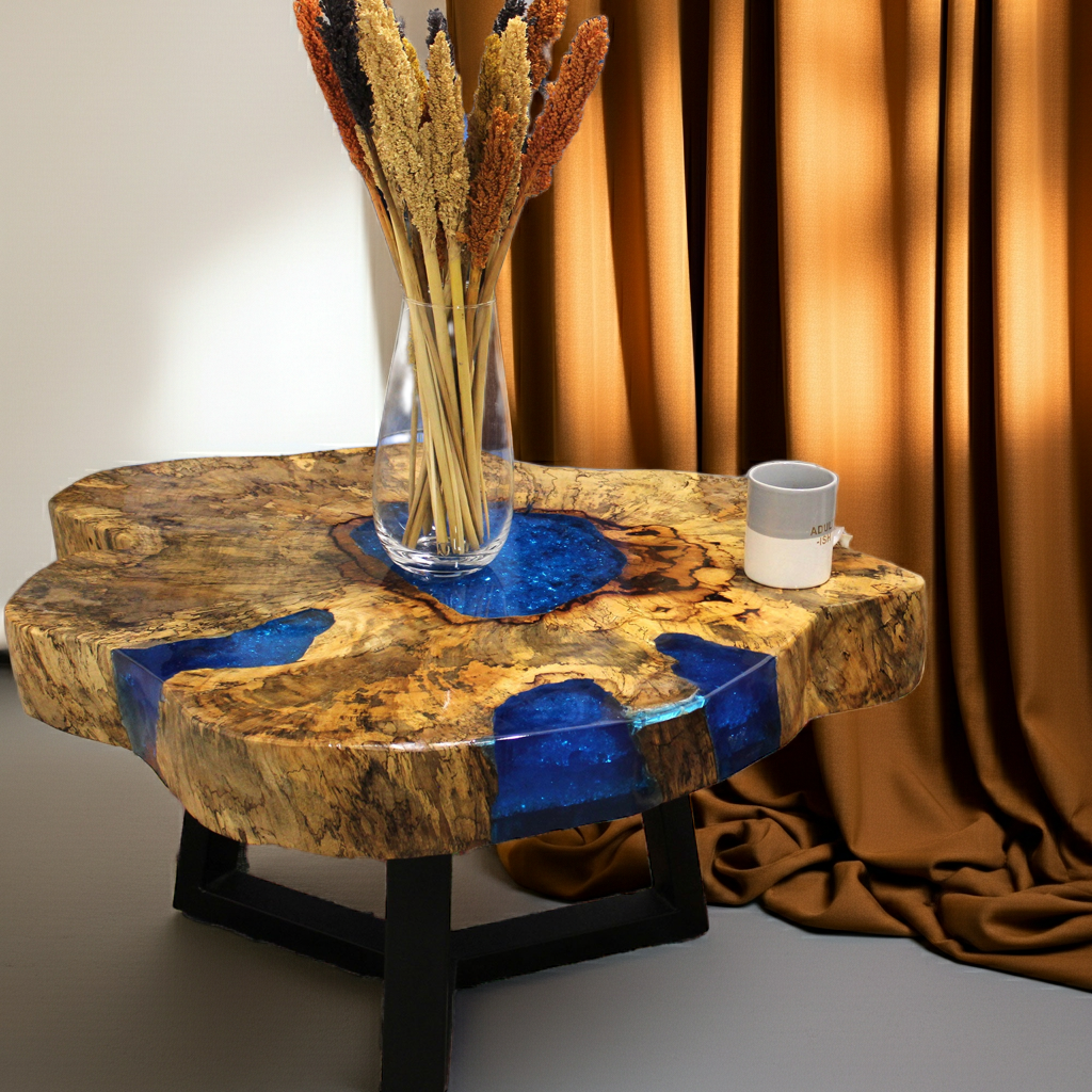 Tamarind Wood and Resin Coffee Table – Handmade, Durable, Unique Patterns, Aqua Sky Blue Resin, Rustic Modern Design