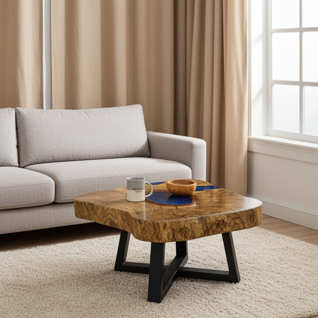 Tamarind Wood and Resin Coffee Table – Handmade, Durable, Unique Patterns, Aqua Sky Blue Resin, Rustic Modern Design